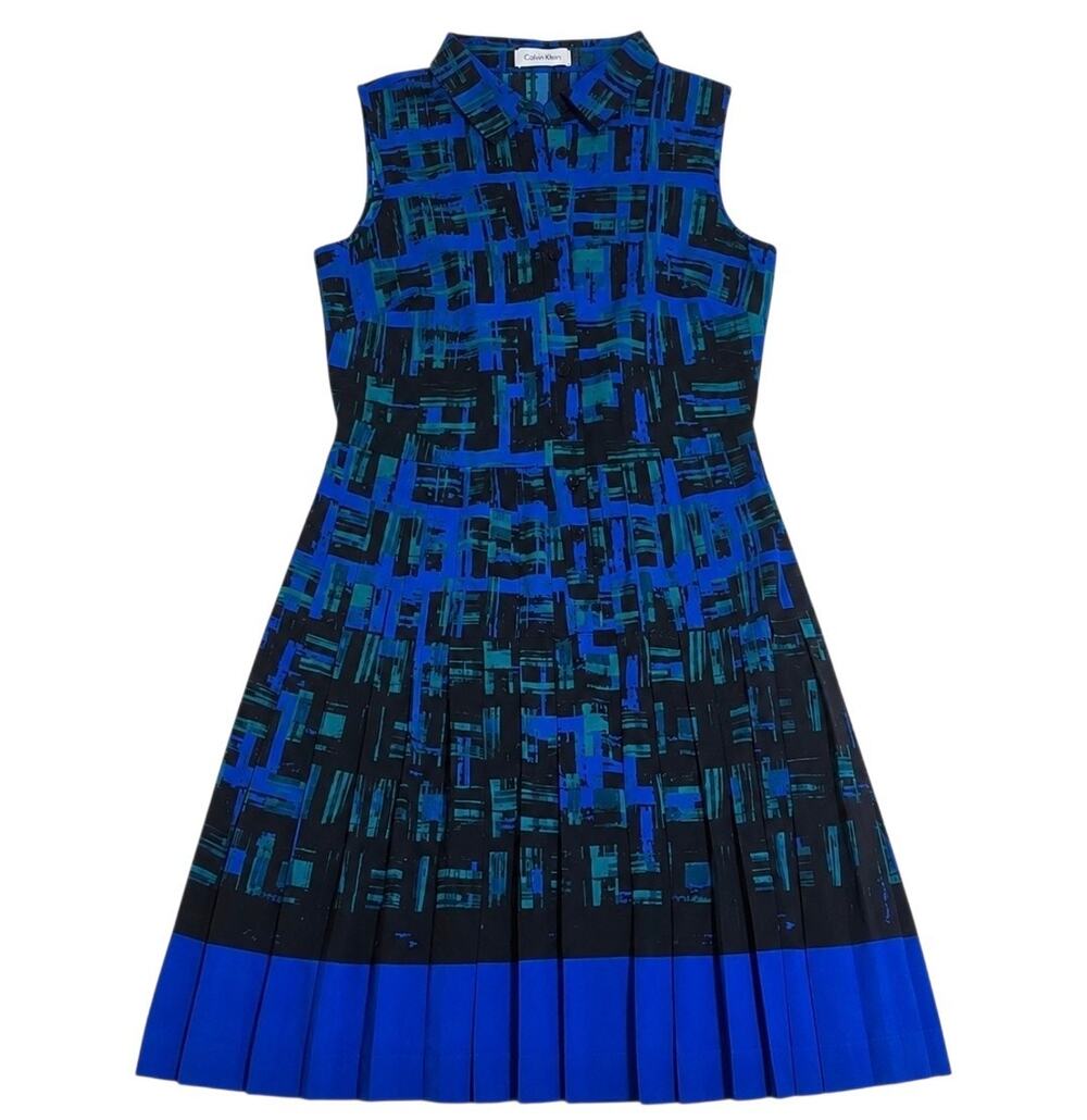 Calvin Klein Women's Blue Abstract Print Sleeveless Shirt Dress Pleated Mini 6P